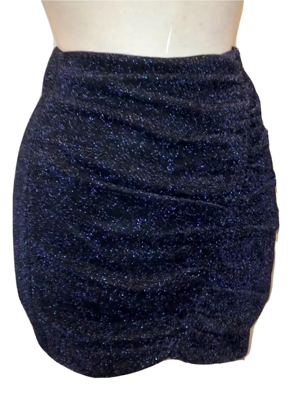 New Zara Dark Blue Sparkly Glitter Ruched Stretch Mini Skirt - Small